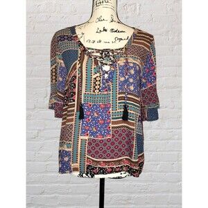 American Eagle Boho Patchwork Peasant Blouse Women’s XS Lace Tie Front